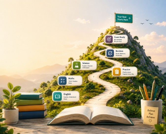 A mountain learning journey beginning from an open book, with English, Maths, Science, Practice, Revision and Exam Ready milestones leading to Your Best Starts Here.